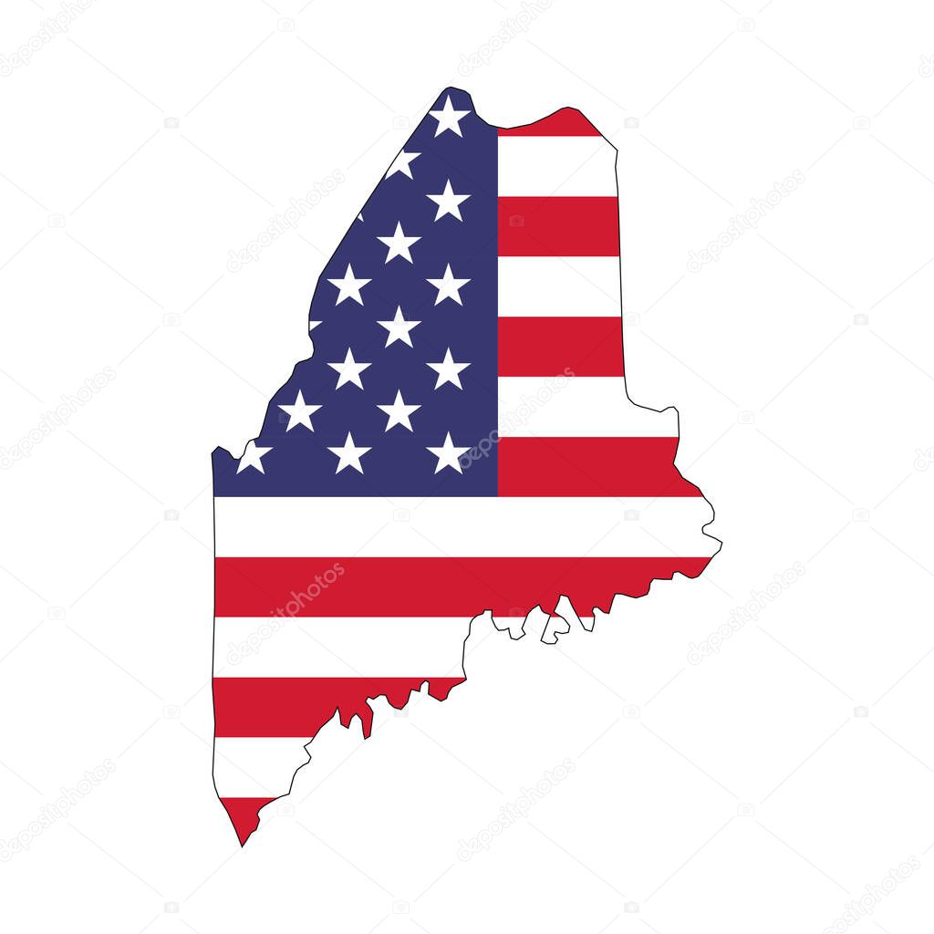 Maine state map with American national flag on white background