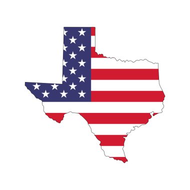 Beyaz arka planda Amerikan bayrağı olan Teksas eyalet haritası