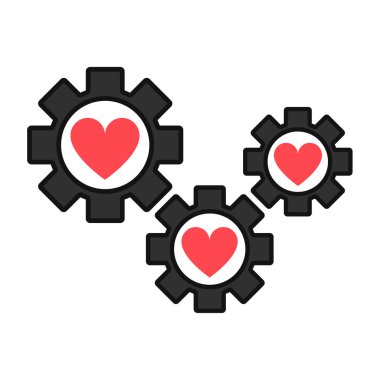 Black Gear ve Love Flat Design Icon, Heart in Gear Illustration