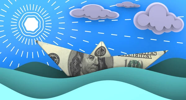 Paper boat made from the US banknotes floats on the waves of the ocean. The US banknotes as a paper boat floats on the waves of the ocean against the background of the blue sky, clouds and the sun. 3D illustration