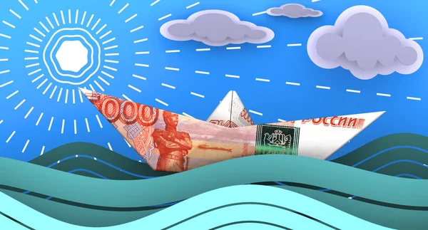 Paper boat made from Russian banknote floats on the waves of the ocean. Russian banknote as a paper boat floats on the waves of the ocean against the background of the blue sky, clouds and the sun. 3D illustration