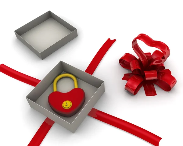 Open gift. An open gift box with a lock in the form of a red heart lies on a white surface. Isolated. 3D Illustration