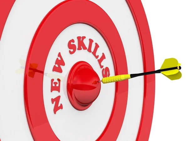 New skills. Dart at the target center. Target with the word NEW SKILLS and dart in the center. Hit the bull\'s eye. The concept of success. 3D Illustration