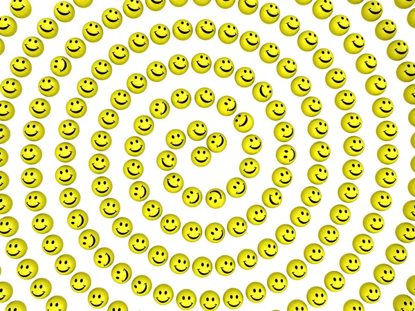 Funny smileys arrayed in a spiral. Yellow emoticons lined up in a spiral. Isolated. 3D Illustration