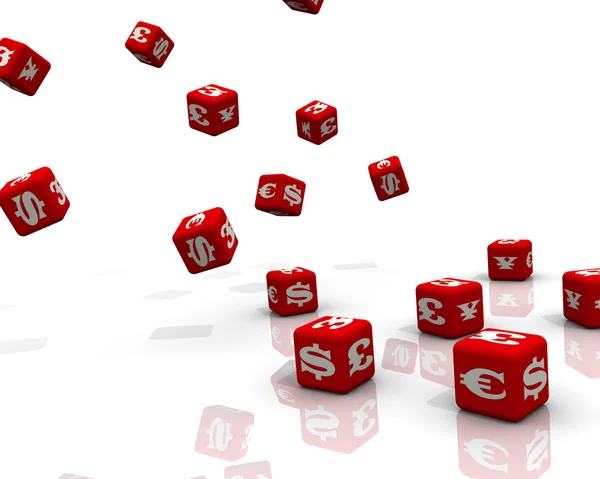 Red cubes labeled with currency symbols falling on a white surface. Red cubes labeled with Euro, American dollar, Chinese yuan and British pound sterling symbols falling on a white surface. 3D Illustration