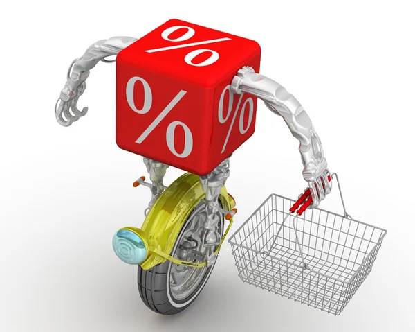 Red percentage cube in the form of a cyborg on the wheel with a grocery market shopping basket. Red cube with percentage sign in the form of a cyborg on a wheel with a grocery market shopping basket standing on the white surface. 3D Illustration