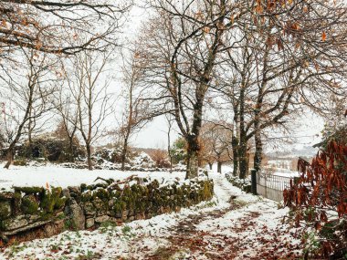 Sonbaharda kar yağdıktan sonra kırsal alan. Karlı bir köyde yosun dolu taş duvarlı bir patika. Yılın ilk karı Dozon, Pontevedra, İspanya 'da