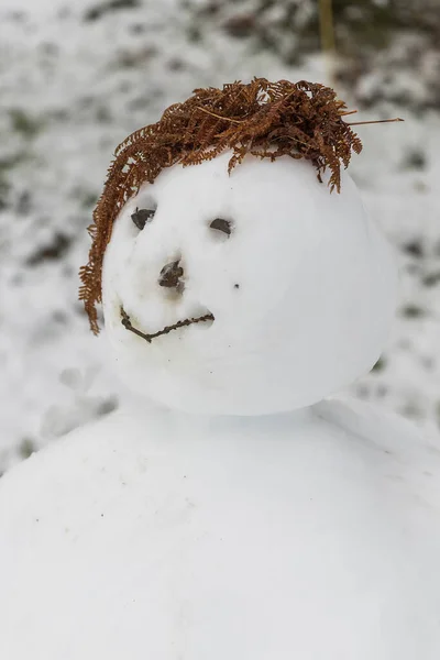 Närbild Rolig Snögubbe Detalj Snögubbes Leende Ansikte — Stockfoto