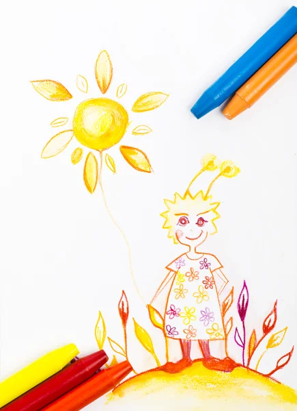 Kinderbaan stijl crayon tekening ansichtkaart met frisse kleuren Stockafbeelding