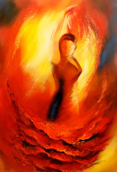 Sarı arka planlı flamenko dansçısı. Yağlı boya resim çizimi.