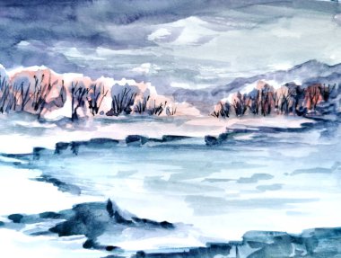 Kış manzarası, suluboya el resmi, Noel zamanı, doğa.