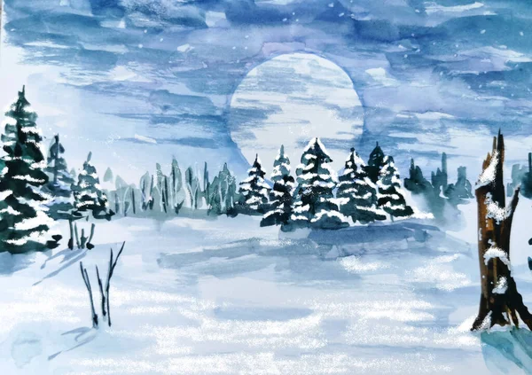 Winter Landscape Watercolor Hand Painted Christmas Time Nature — Stock Photo, Image