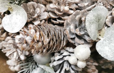 Gümüş renkli ve ışıl ışıl şekilli kozalaklar bulanık arka plan filtresi ve kar, seçici odak