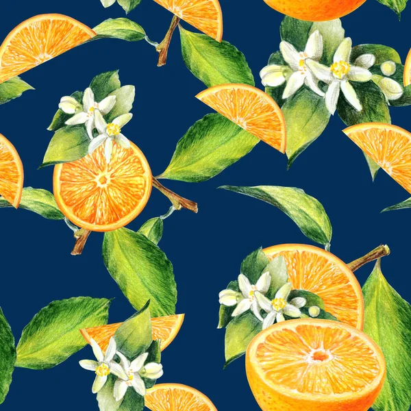 Sinaasappel Sinaasappelschijfjes Bladeren Citrusbloemen Naadloos Patroon — Stockfoto