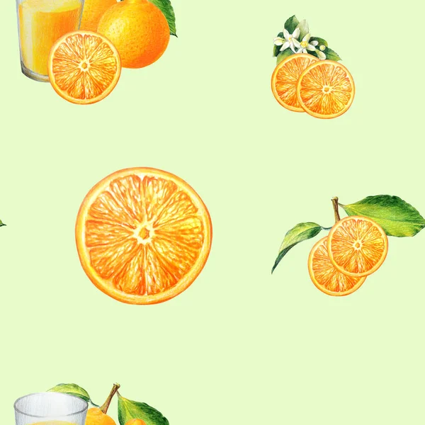 Sinaasappel Sinaasappelschijfjes Bladeren Citrusbloemen Naadloos Patroon — Stockfoto