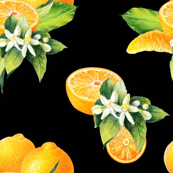 Pomarańczowy Plasterki Pomarańczy Liście Kwiaty Cytrusów Bezszwowy Wzór — Zdjęcie stockowe