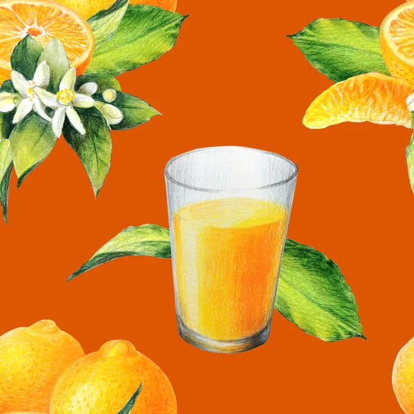 Sinaasappel Sinaasappelschijfjes Bladeren Citrusbloemen Naadloos Patroon — Stockfoto