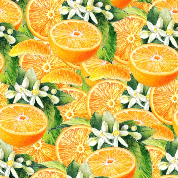 Pomarańczowy Plasterki Pomarańczy Liście Kwiaty Cytrusów Bezszwowy Wzór — Zdjęcie stockowe