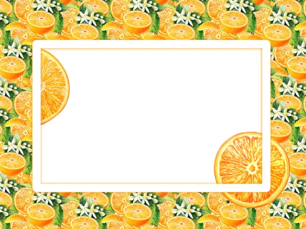 Oranje Frame Sinaasappelschijfje Verse Citrusvruchten Frames Met Hand Getekend Ontwerp — Stockfoto