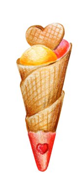 Beyaz arka planda izole edilmiş romantik projeleriniz için renkli kalemler, dondurma ve kalple çizilmiş Sevgililer Gününüz kutlu olsun.