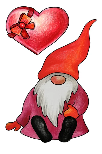 Happy Valentine Day Elements Elf Hearts Drawn Color Pencils Gift — стоковое фото