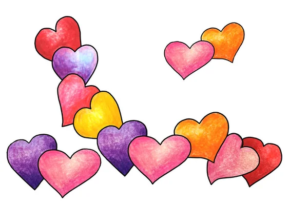 Sevgililer Gününüz Kutlu Olsun Renkli Kalemlerle Çizilmiş Kalpler Beyaz Arka — Stok fotoğraf