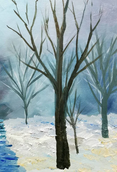 Floresta Natal Paisagem Inverno Óleo Pintado Mão Fundo Abstrato Neve — Fotografia de Stock