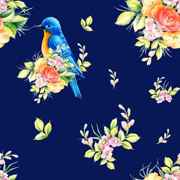 Oiseau Fleurs Crayons Couleur Dessin Illustration Motif Sans Couture — Photo