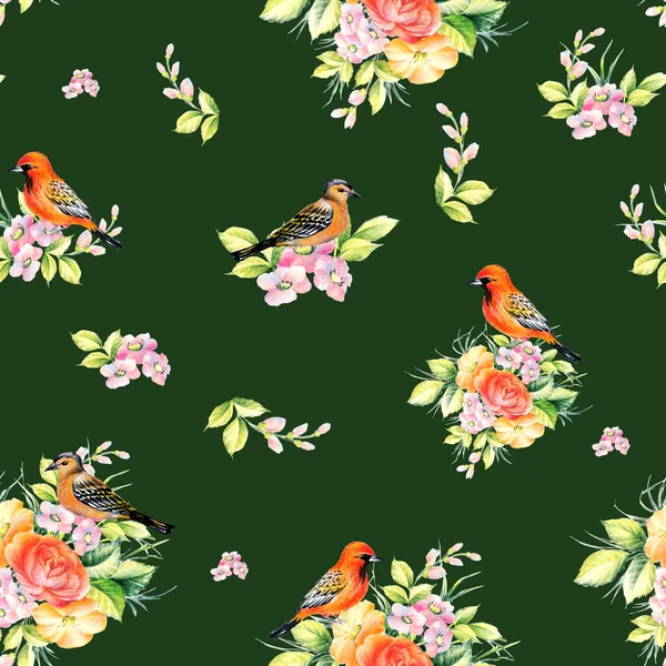 Bird Flowers Color Pencils Drawing Illustration Seamless Pattern — Stock Photo, Image