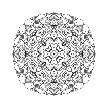 Mandala with hearts for romantic date and valentine day. Design for coloring book page for adults and kids, Black and white drawing isolated on white