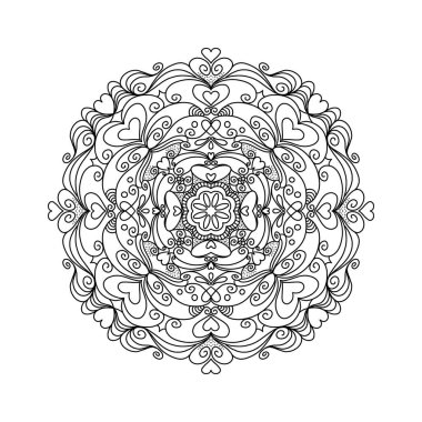 Mandala with hearts for romantic date and valentine day. Design for coloring book page for adults and kids, Black and white drawing isolated on white
