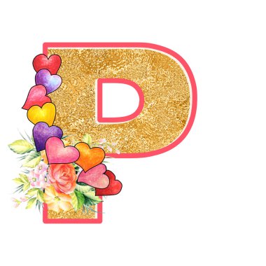 artistic alphabet, capital letter P, illustration with summer bouquet leaves and flowers, ane hearts, elegant and romantic font