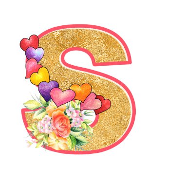 artistic alphabet, capital letter S illustration with summer bouquet leaves and flowers, ane hearts, elegant and romantic font