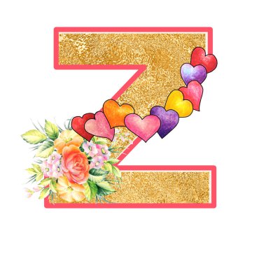 artistic alphabet, capital letter Z illustration with summer bouquet leaves and flowers, ane hearts, elegant and romantic font