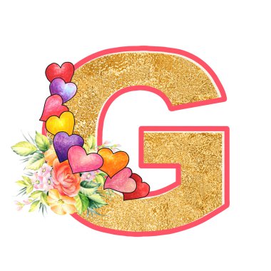 artistic alphabet, capital letter G illustration with summer bouquet leaves and flowers, ane hearts, elegant and romantic font