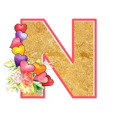 artistic alphabet, capital letter N illustration with summer bouquet leaves and flowers, ane hearts, elegant and romantic font