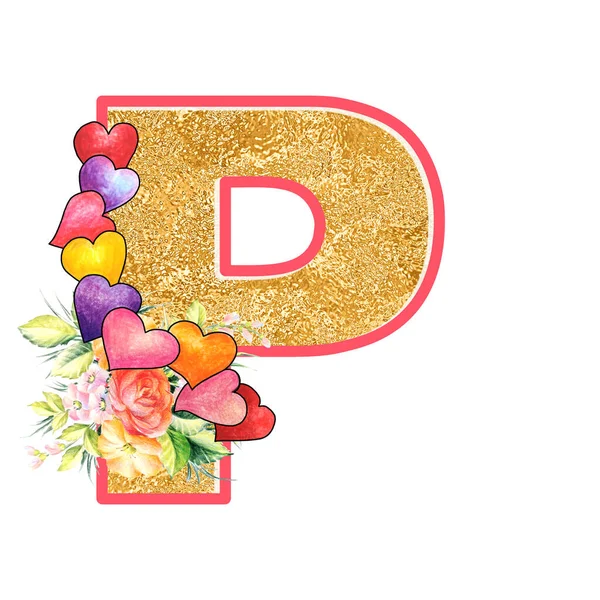artistic alphabet, capital letter P, illustration with summer bouquet leaves and flowers, ane hearts, elegant and romantic font