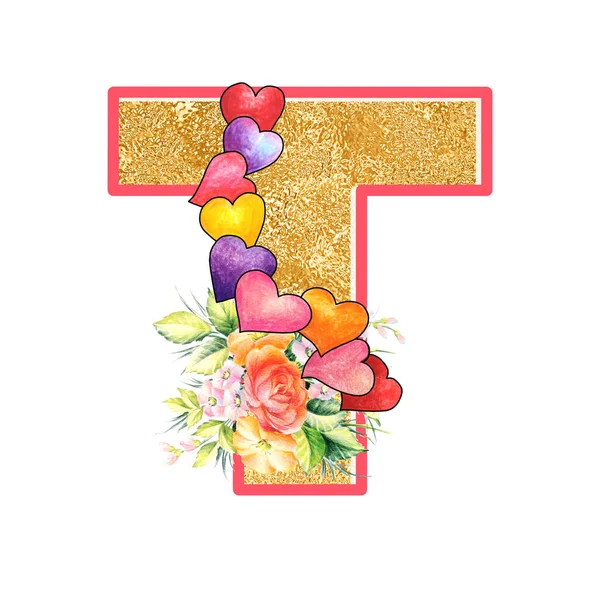 artistic alphabet, capital letter T illustration with summer bouquet leaves and flowers, ane hearts, elegant and romantic font