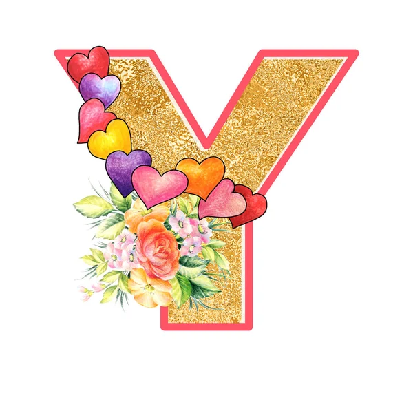 artistic alphabet, capital letter Y illustration with summer bouquet leaves and flowers, ane hearts, elegant and romantic font