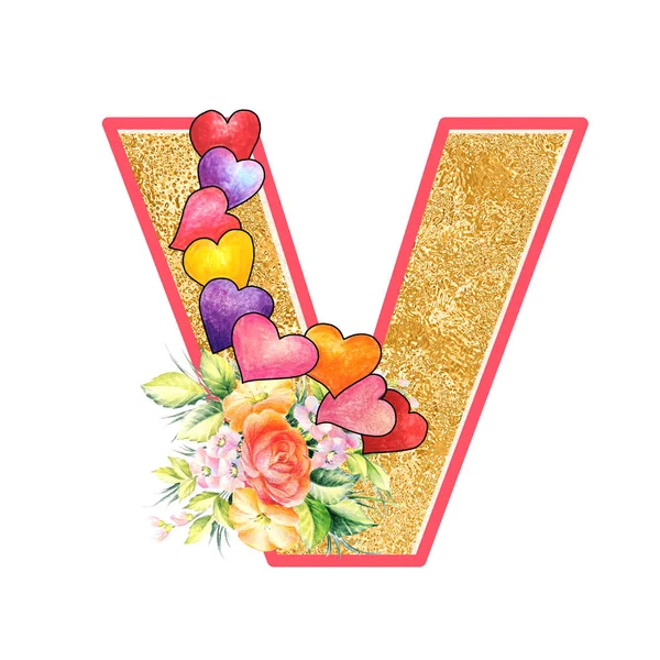 artistic alphabet, capital letter V illustration with summer bouquet leaves and flowers, ane hearts, elegant and romantic font
