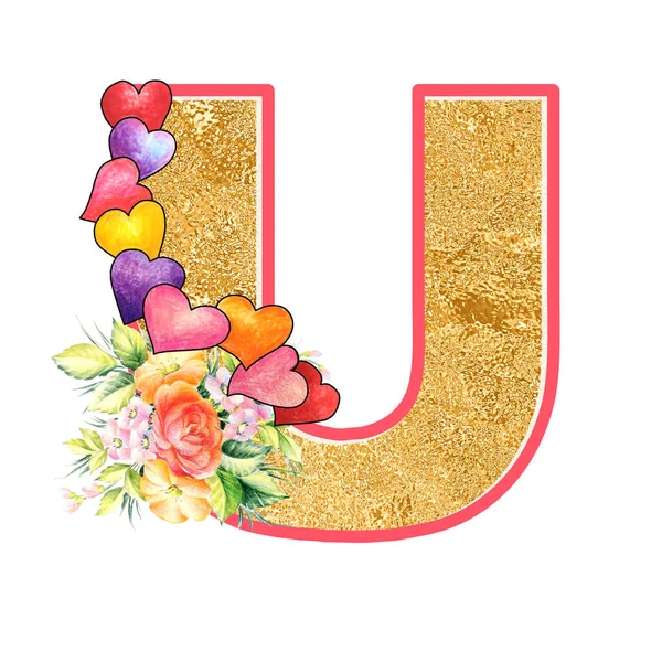 artistic alphabet, capital letter U illustration with summer bouquet leaves and flowers, ane hearts, elegant and romantic font