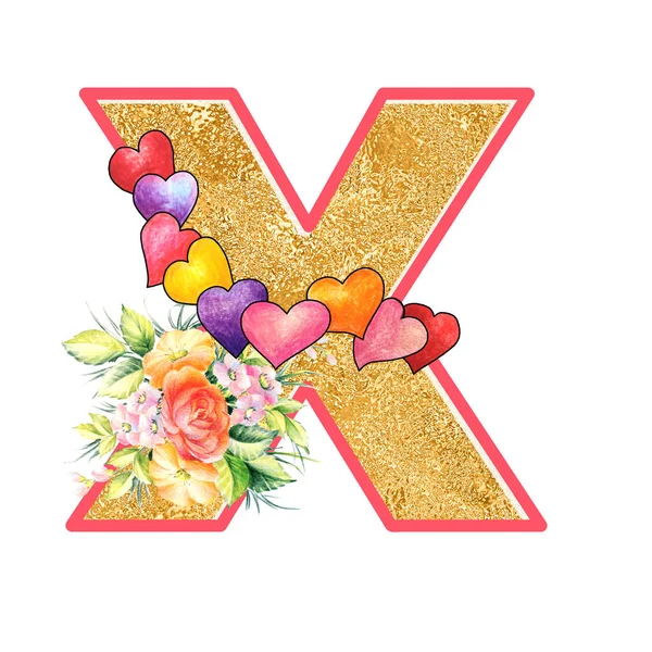 artistic alphabet, capital letter X illustration with summer bouquet leaves and flowers, ane hearts, elegant and romantic font