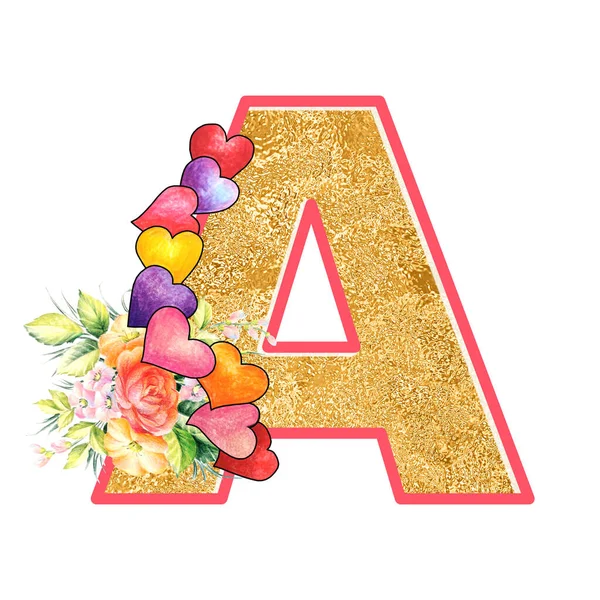 artistic alphabet, capital letter A illustration with summer bouquet leaves and flowers, ane hearts, elegant and romantic font