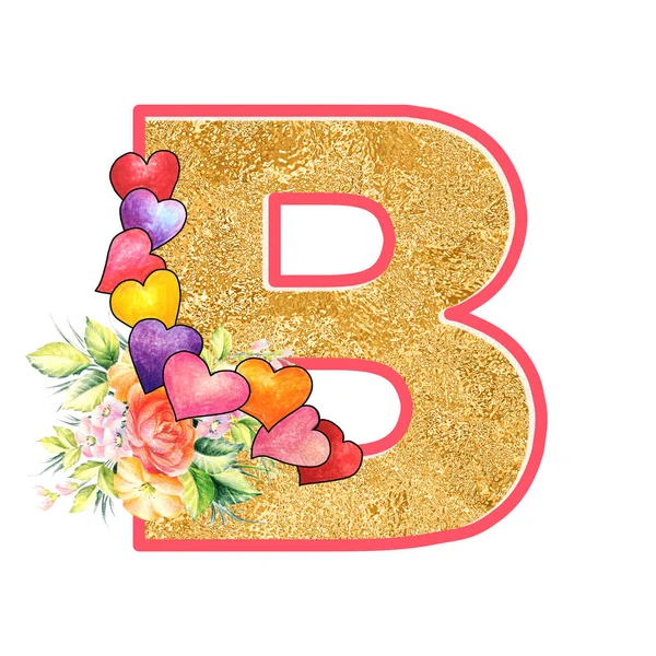 artistic alphabet, capital letter B illustration with summer bouquet leaves and flowers, ane hearts, elegant and romantic font