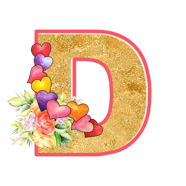 artistic alphabet, capital letter D illustration with summer bouquet leaves and flowers, ane hearts, elegant and romantic font