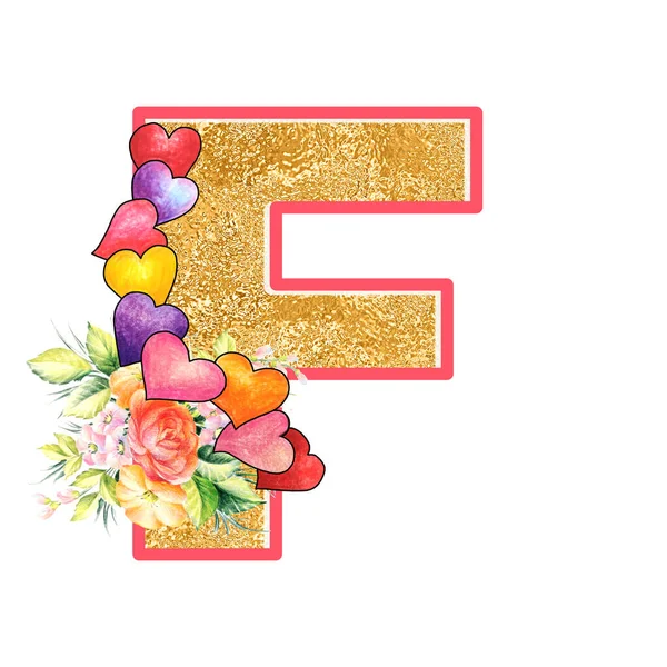 artistic alphabet, capital letter F illustration with summer bouquet leaves and flowers, ane hearts, elegant and romantic font