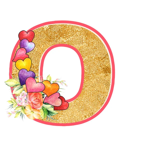 artistic alphabet, capital letter O illustration with summer bouquet leaves and flowers, ane hearts, elegant and romantic font