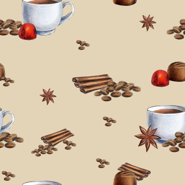 Kahve çekirdekleri ve fincanlarla kusursuz bir arka plan..