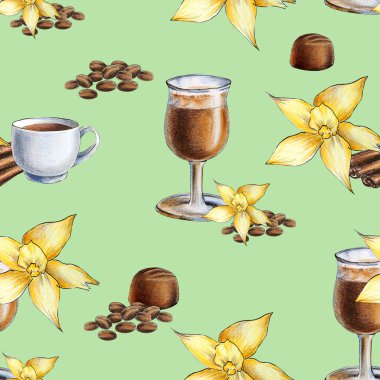 Bir fincan kahve, tarçın, vanilya çiçekleri ve dikişsiz şekerler, suluboya kalemler.