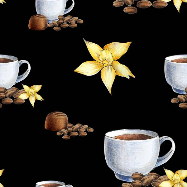 Cup Coffee Cinnamon Vanilla Flowers Candy Seamless Pattern Drawing Watercolor — Stock Photo, Image